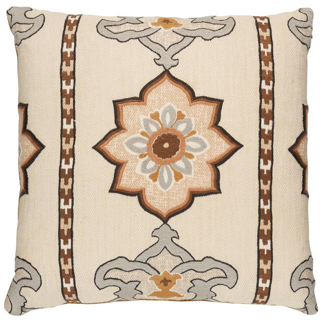 Traditional Schumacher Temara Embroidered Print Pillow in Natural 22" For Sale - Image 3 of 3