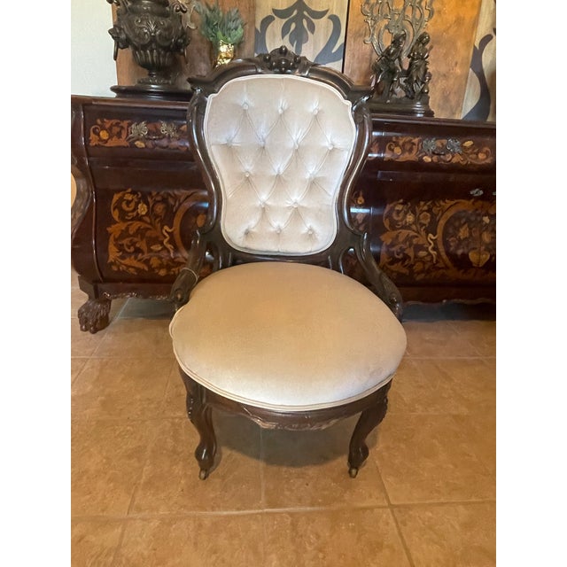 Victorian Revival Carved Wood & Tufted Upholstered Parlor Chairs – Pair For Sale In San Antonio - Image 6 of 12