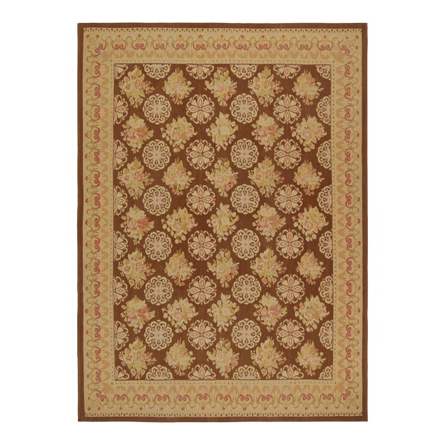 Rug & Kilim’s Aubusson Flatweave Style Rug in Brown With Beige Floral Patterns For Sale