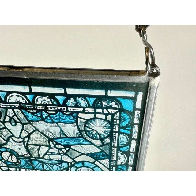 French Hand-Painted Stained Glass Hanging Window Panel, 1950s For Sale - Image 3 of 8
