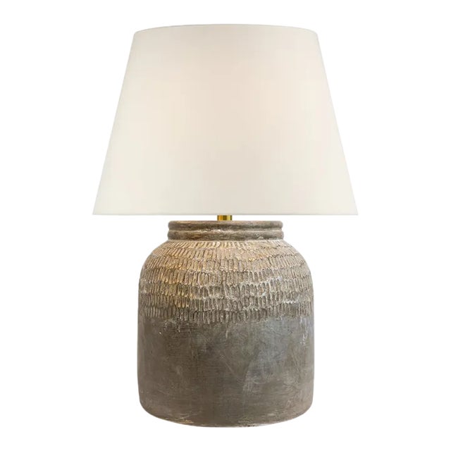 Amber Lewis for Visual Comfort Signature Indra Medium Table Lamp in Silt Grey Ceramic with Linen Shade For Sale