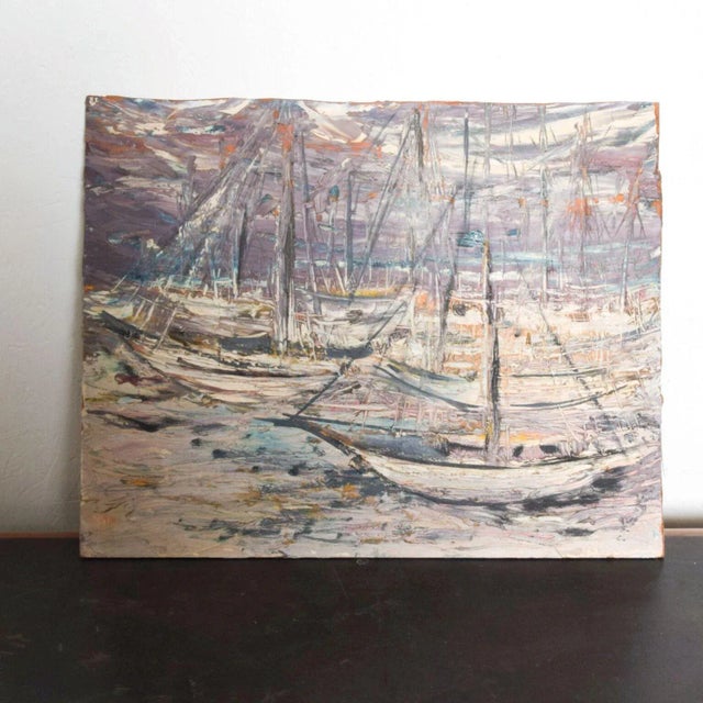 Gray 1970s Sgraffito Art Abstract Sail Boats Oil Canvas Modern For Sale - Image 8 of 10
