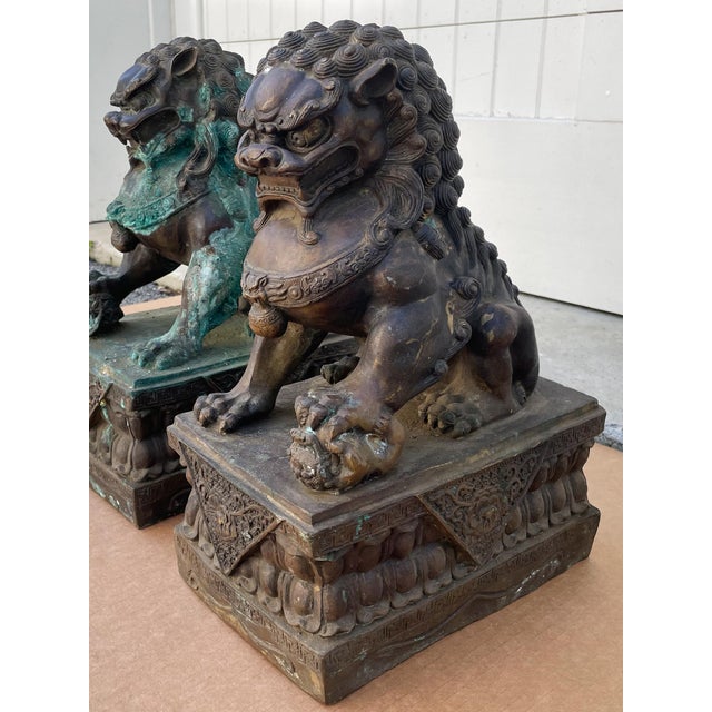 Late 19th Century Antique Bronze Guardian Lions or Foo Dogs - A Pair For Sale - Image 5 of 17