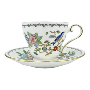1990s New Aynsley Pembroke Floral Bird Fine China Tea Coffee Cup & Saucer Set- 2 Pieces