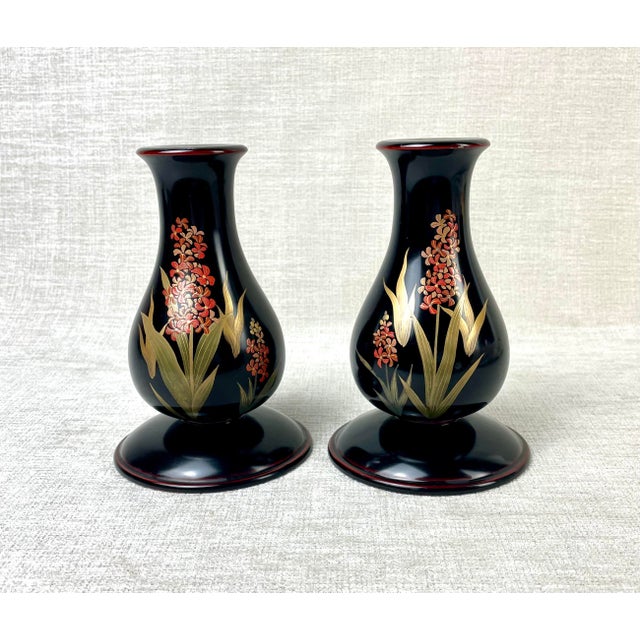 Vintage Lacquerware Candle Holders Candlesticks Floral Motif Signed