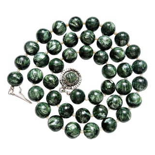 Natural Seraphinite & Freshwater Pearl Necklace, Sterling Silver Seraphinite Clasp, Statement Gemstone Necklace For Sale