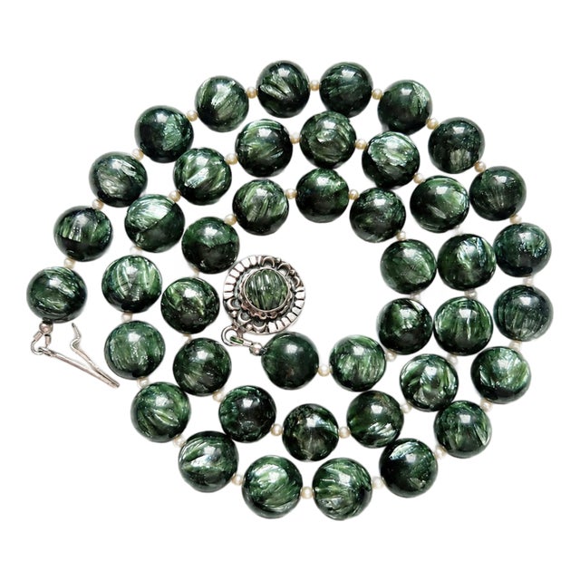 Natural Seraphinite & Freshwater Pearl Necklace, Sterling Silver Seraphinite Clasp, Statement Gemstone Necklace For Sale
