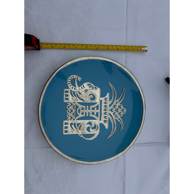 Turquoise Mid 20th Century Asian Champlevé Style Turquoise Enamel & Pierced Metal Elephant Plate - 10" For Sale - Image 8 of 11
