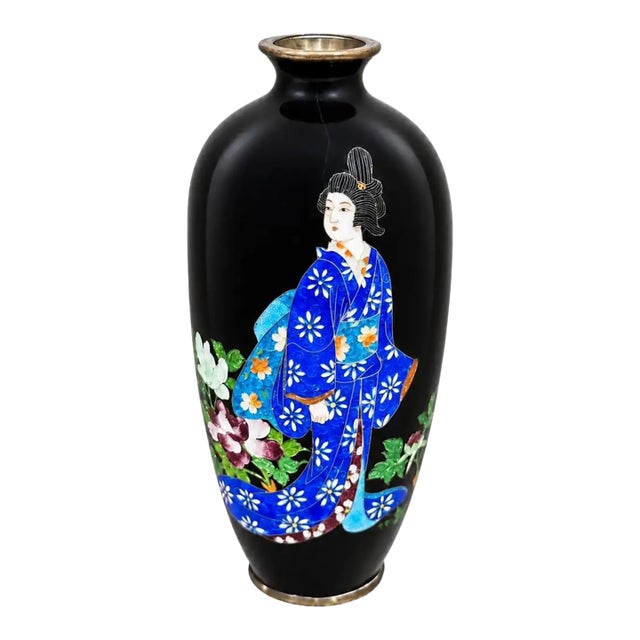 Meiji Japanese Cloisonne Enamel Vase With Bijin in Blue Kimono, Circa 1890 For Sale