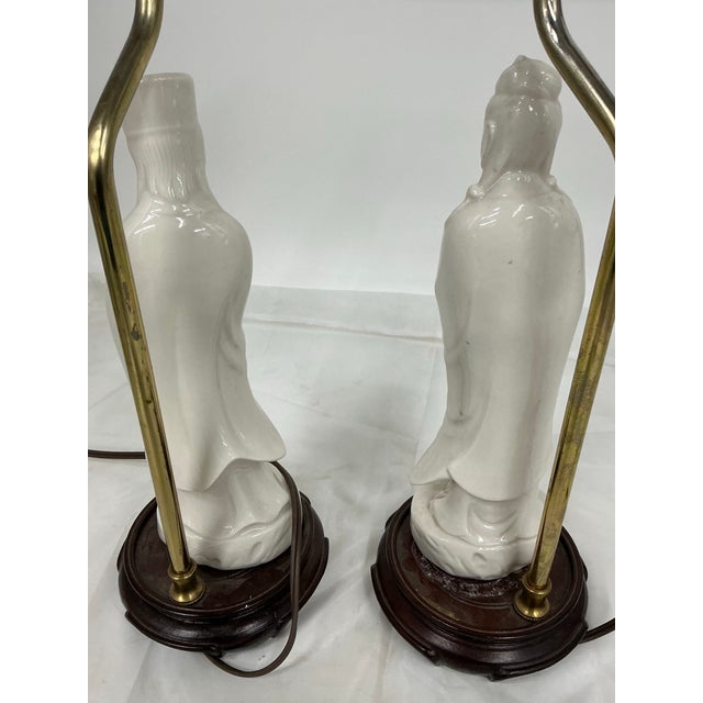 Pair of Asian Style Vintage Blank De Chine Porcelain Figural Lamps For Sale - Image 10 of 12