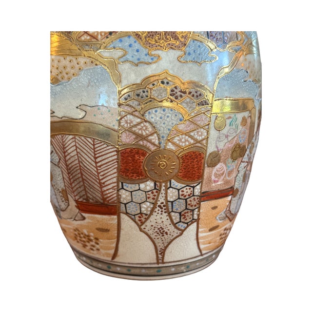 Japanese Mid 20th Century Japanese Satsuma Style Lidded Jar Hand Painted Moriage Figural Decor For Sale - Image 3 of 11