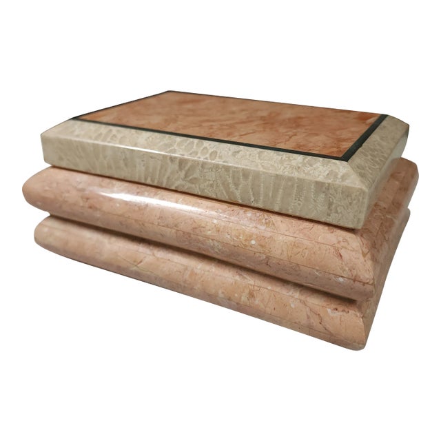 1980s Tessellated Pink Marble & Travertine With Brass Inlay Box For Sale