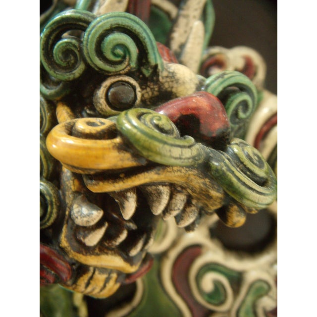 Brown Mounted Antique Chinese Mythical 'Qilin' Dragon, Glazed Shiwan Wall Tile For Sale - Image 8 of 10