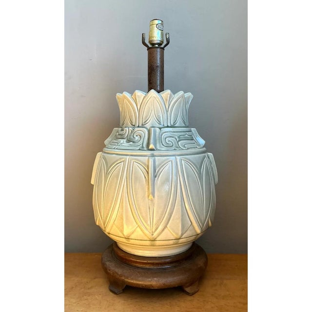 Celadon Vintage Glazed Ceramic Table Lamp With Wood Base For Sale - Image 8 of 12
