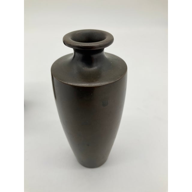 Vintage Japanese Silver Inlaid Bamboo Design Bronze Vase Set of 2 Meiji Period For Sale - Image 11 of 17
