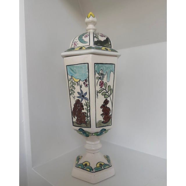 Mid 20th Century 1950s Whimsical Hand-Painted Folk Animals Lidded Hexagonal Urn / Jar For Sale - Image 5 of 11