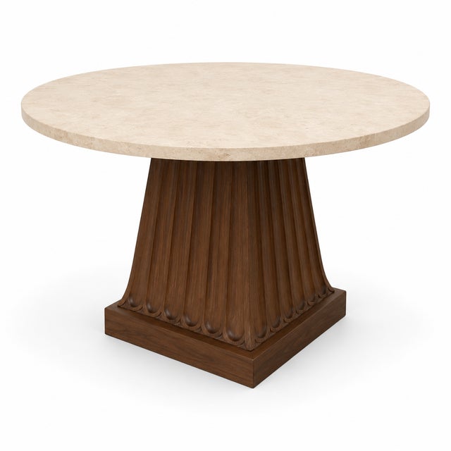 Kreiss duchess base w/travertine top. Base is done in a walnut finish. Top is honed ad filled. Excellent condition
