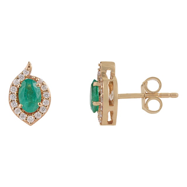 VRJewels Natural Zambian Emerald Studs With Halo Diamonds in 14k Yellow Gold- A Pair For Sale