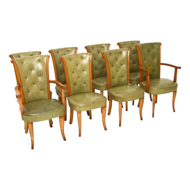 Art Deco Leather and Walnut Dining Chairs attributed to Hille, 1930s, Set of 8 For Sale