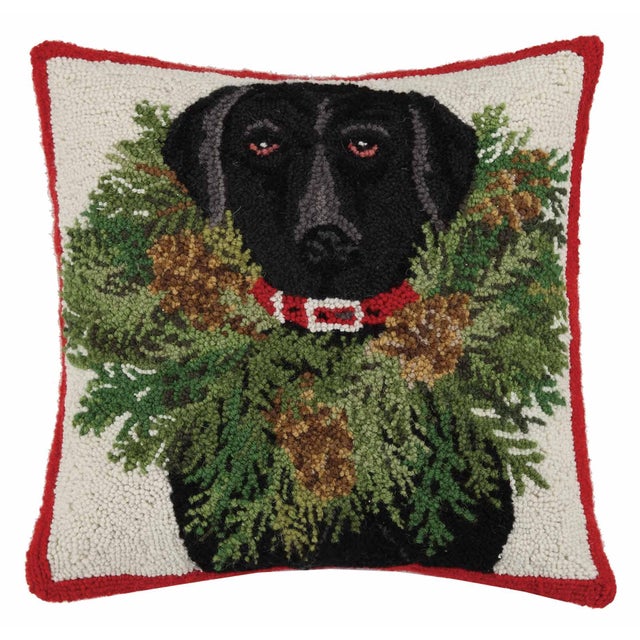 Traditional Black Lab with Wreath Hook Pillow 18" x 18" For Sale - Image 3 of 3