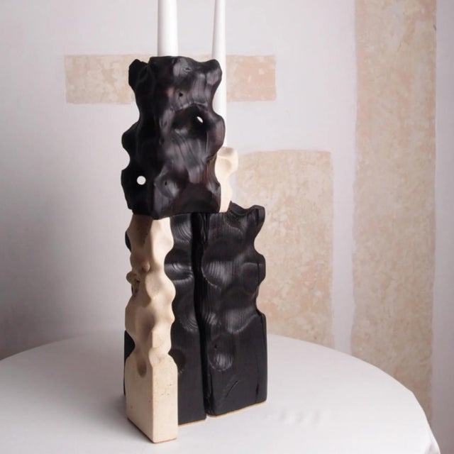 Contemporary Brutalist Wood and Stone Candle Holder - Holey Tower Candle Holder | Melting Series by Gabor Gobi For Sale - Image 3 of 13