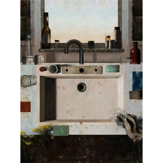 Towering Sights by Matthew Saba | Oil on panel Still life of a kitchen sink with various objects For Sale