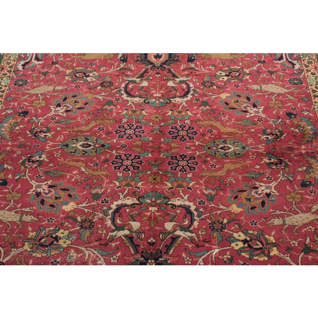 Hand-Knotted Antique Indian Agra Rug in All Over Pink, Green Hunting Pictorial For Sale - Image 4 of 6