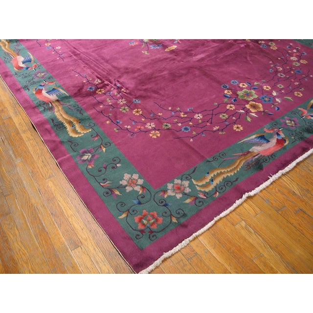 1920s Pink Raspberry Floral Birds Antique Chinese Deco Rug 9' X11' 8" Handlnotted Wool Carpet For Sale In New York - Image 6 of 6