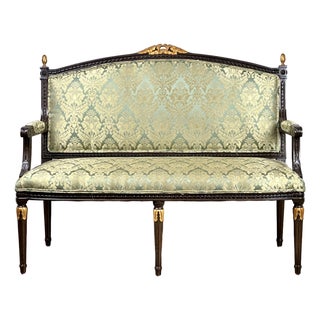Vintage Louis XVI Style Settee in Green Damask Upholstery 2 of 2 For Sale