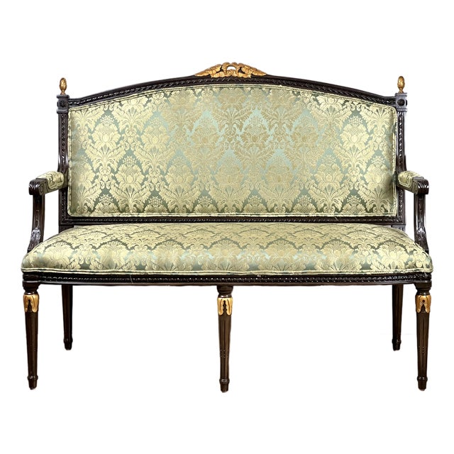 Vintage Louis XVI Style Settee in Green Damask Upholstery 2 of 2 For Sale