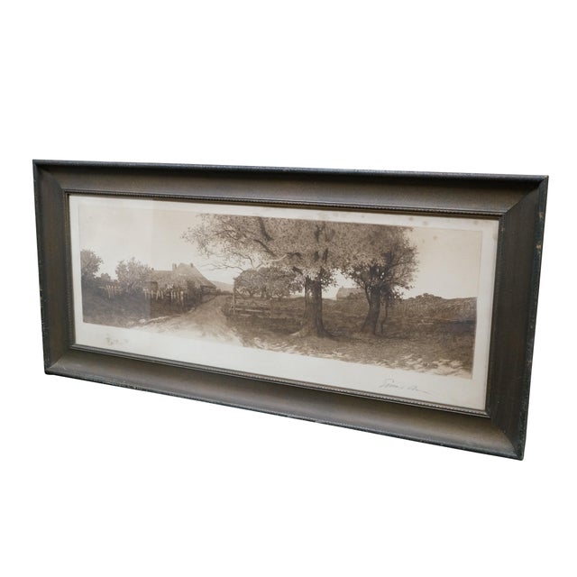 Antique Ernest C Rost signed panoramic country landscape etching featuring a farmhouse / cottage with stone wall, dirt...