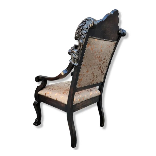 Antique French Baroque Carved Mahogany Fireside Throne Chair Newly Reupholstered in Cowhide For Sale - Image 4 of 6