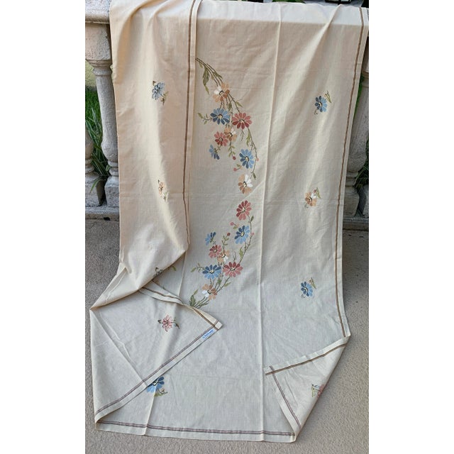 Textile Vintage Cretan Hand Embroidered Cross Stitch Floral Tablecloth Tan- Ecru Autumnal Linen For Sale - Image 7 of 12