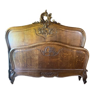 Antique Tiger Oak Full-Size Bed French Louis XV For Sale