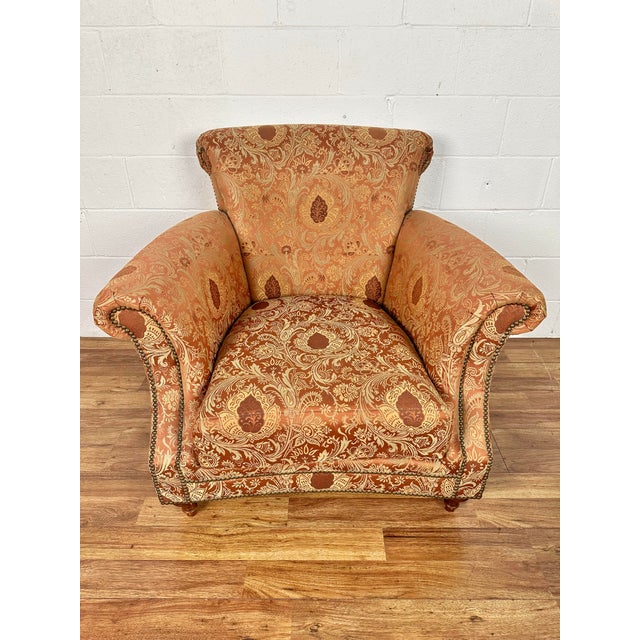 Early 21st Century Henredon Scroll Back Upholstered Lounge Chair & Ottoman With Nailheads - Set of 2 For Sale - Image 5 of 12