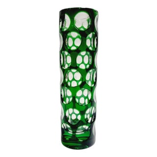 Vintage Emerald Green Cut-to-Clear Lens Crystal Cylinder Vase from Nachtmann Bleikristall, 1970s For Sale
