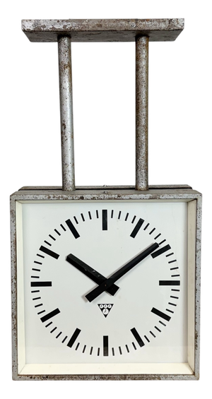 Industrial Square Double Sided Factory Ceiling Clock from Pragotron, 1970s