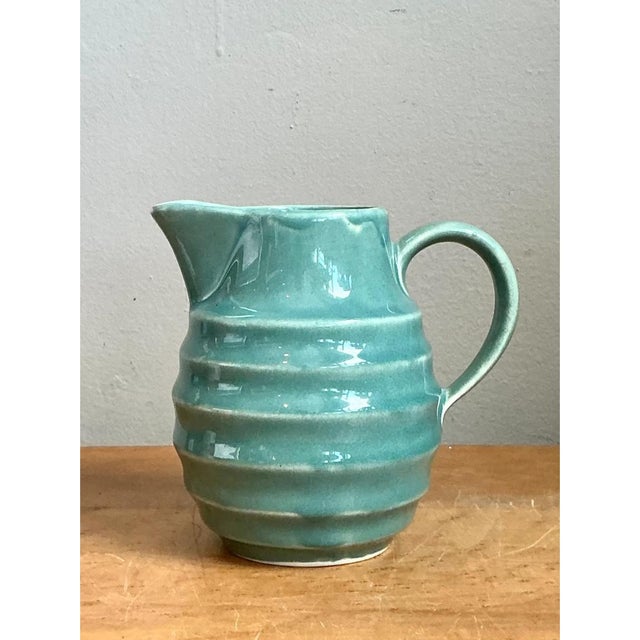 Mid-Century Modern Vintage Aqua Ribbed Ceramic Pitcher For Sale - Image 3 of 12