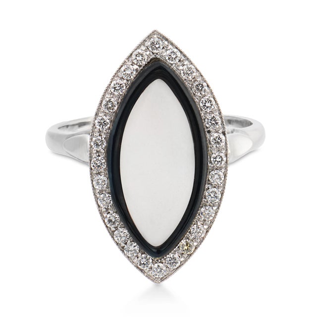 Contemporary Vintage Moonstone Diamond 18k White Gold Enamel Navette Ring, Size 9.75 For Sale - Image 3 of 7