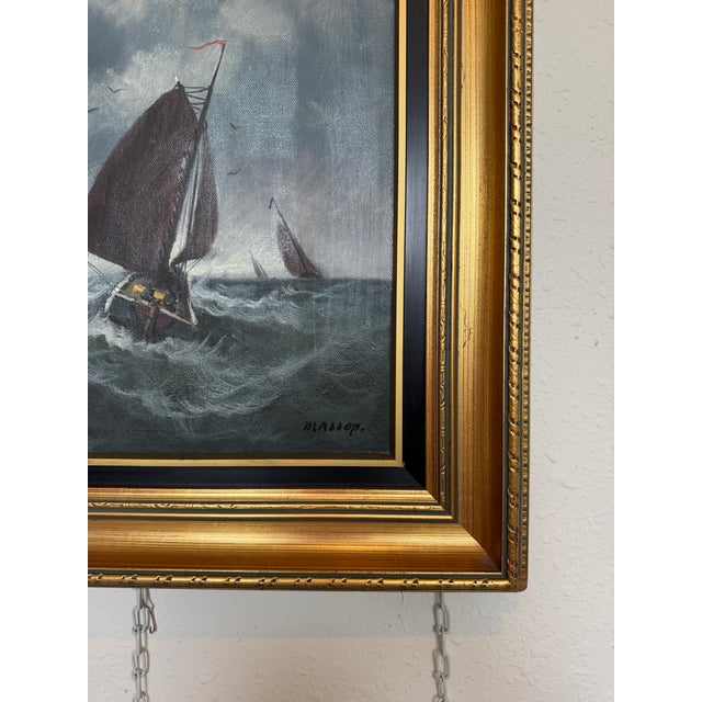 Vintage Signed Oil Painting Stormy Sea Fishing Boats Maritime Seascape Framed For Sale - Image 9 of 10