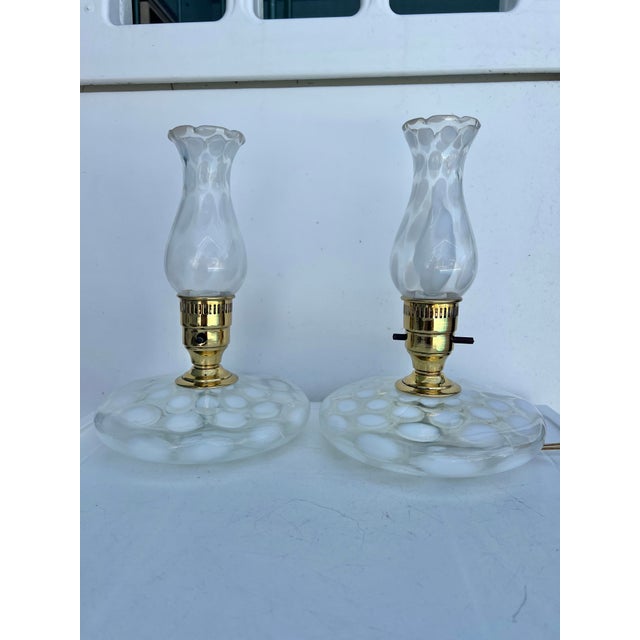 Mid 20th Century Vintage Pair of White Coin Dot Glass Pancake Fenton Boudoir Style Lamp - 2 For Sale - Image 5 of 11