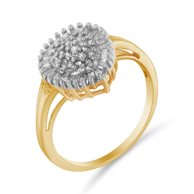 Contemporary 10K Yellow Gold 1/2 Cttw Round & Baguette Cut Diamond Pear Shaped Domed PavÃ© Cluster with Halo Cocktail Ring - Size 7-1/4 For Sale - Image 3 of 7