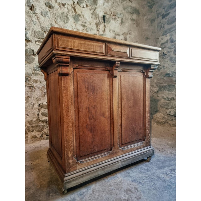 Rustic Antique French Oak Shop Counter Kitchen Island on Castors, 1880 For Sale - Image 3 of 18