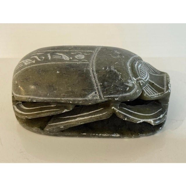 Pair Vintage Egyptian Revival Hand Carved Soap Stone Scarab Figurines With Hieroglyphics For Sale - Image 10 of 12