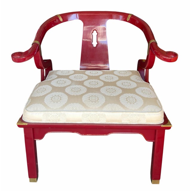 Mid 20th Century Modern James Mont Style Red Lacquer Chinese Horseshoe Chair For Sale - Image 5 of 5