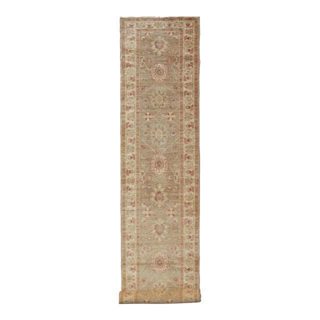 Long Turkish Oushak Runner With All-Over Design in Light Brown, Tan & Red For Sale
