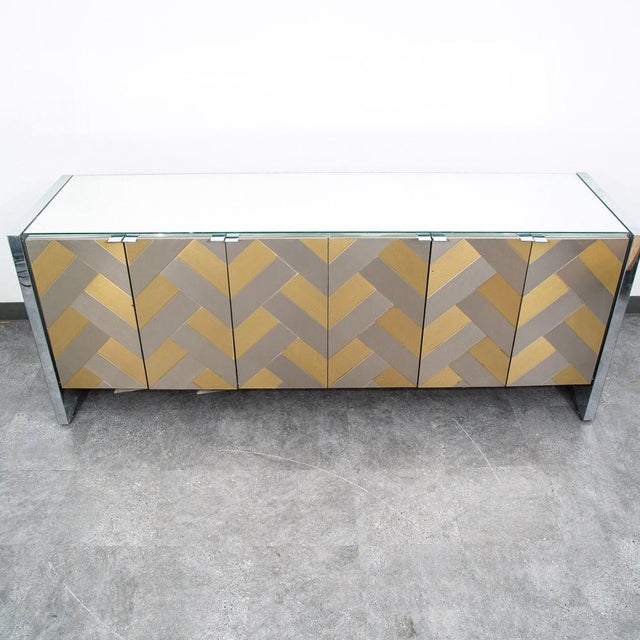 Mid-Century Modern Mid Century Modern Credenza Sideboard Ello Brass Brushed Steel Herribone Drawers For Sale - Image 3 of 12