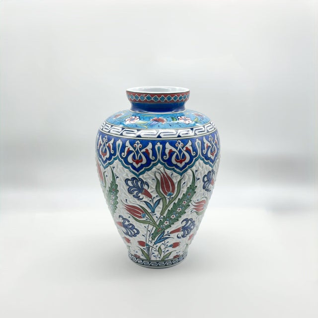 Ceramic Handmade Ceramic Vizier Jar (30cm) Carved Relief Texture and Ottoman Red Tulips For Sale - Image 7 of 8