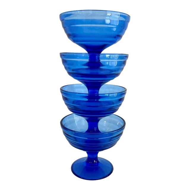 Circa 1936 Hazel Atlas “Moderntone” Pedestal Dessert Cups in Ritz Blue – Set of 4 For Sale