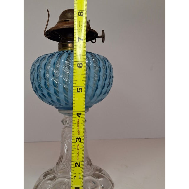Victorian Late 19th Century Rare Thuro Collection Sheldon Swirl Opalescent Kerosene Oil Lamp Blue Reverse For Sale - Image 3 of 18
